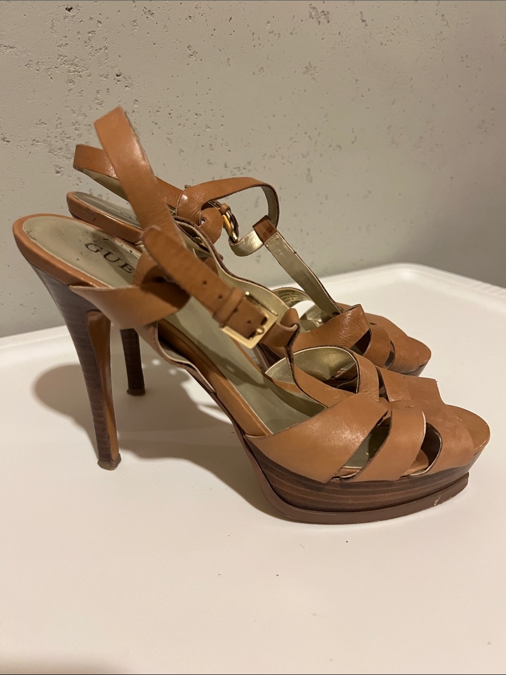Guess Cognac Leather Platform Slingback Heels